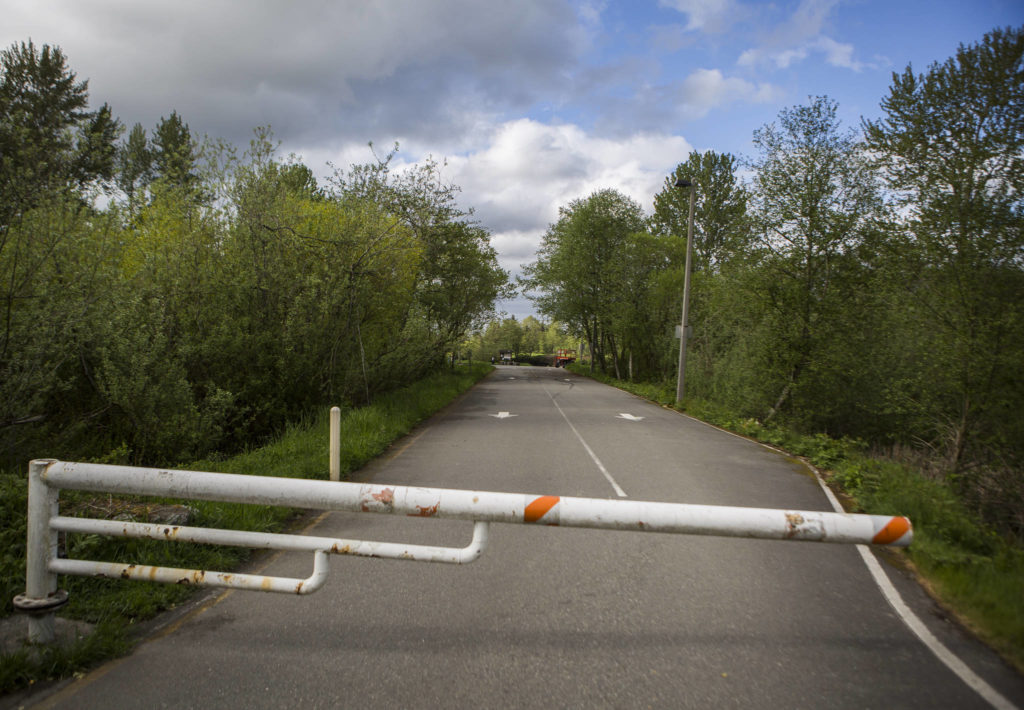 The Lowell boat ramp at Rotary Park on the Snohomish River is closed and its gate locked. It will open May 5, Everett officials say. (Olivia Vanni / The Herald)
