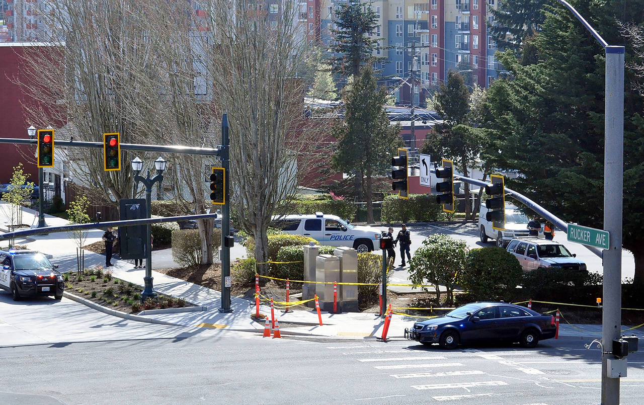 Police said a teenager was fatally shot April 9 after a group of young men met in this parking lot at Rucker and Everett avenues to buy or trade guns. (Sue Misao / Herald file)