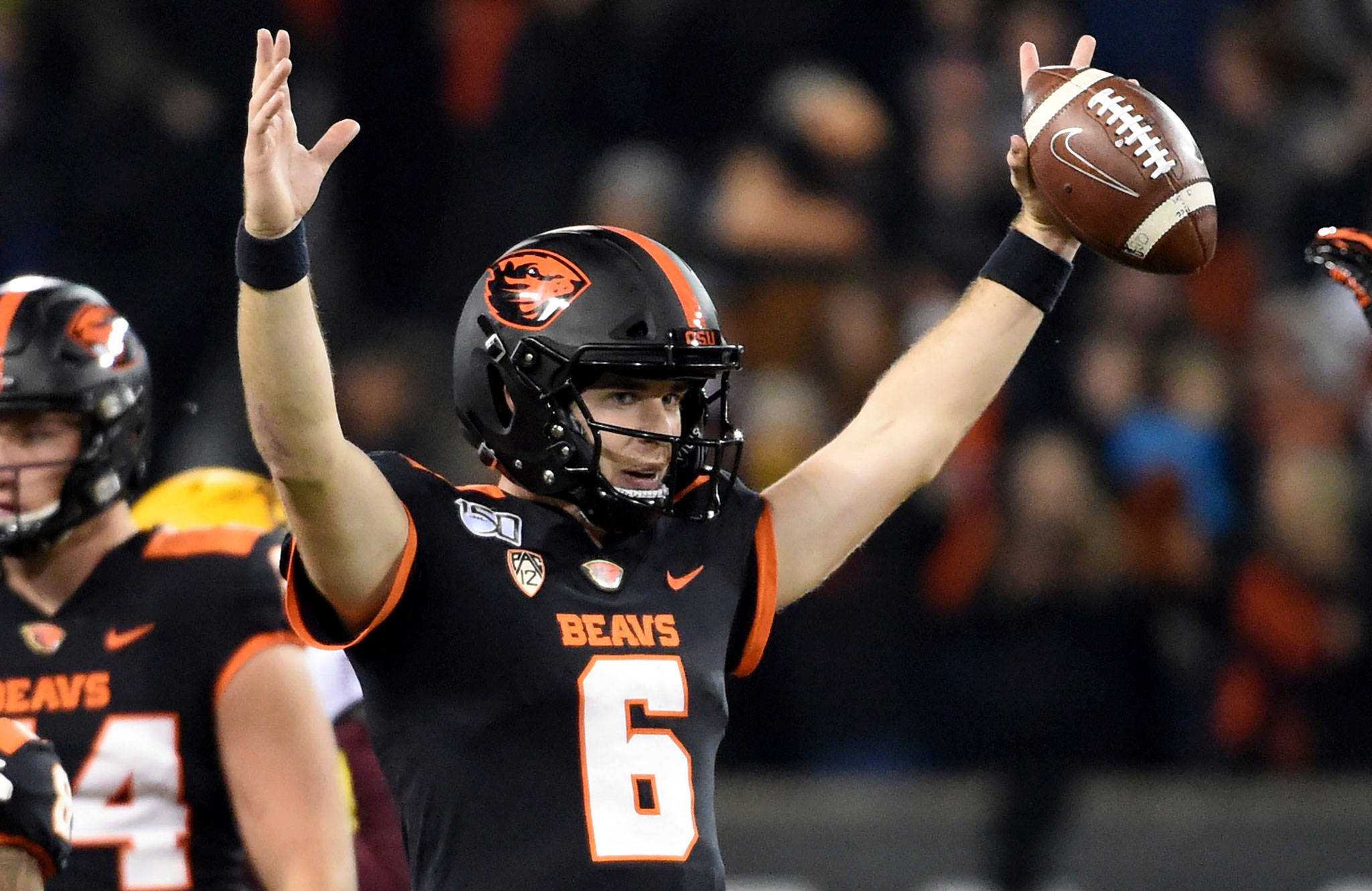 Oregon State quarterback Jake Luton, a Marysville Pilchuck graduate, reacts as time runs out in the team’s win over Arizona State on Nov. 16, 2019, in Corvallis, Ore. (AP Photo/Steve Dykes)