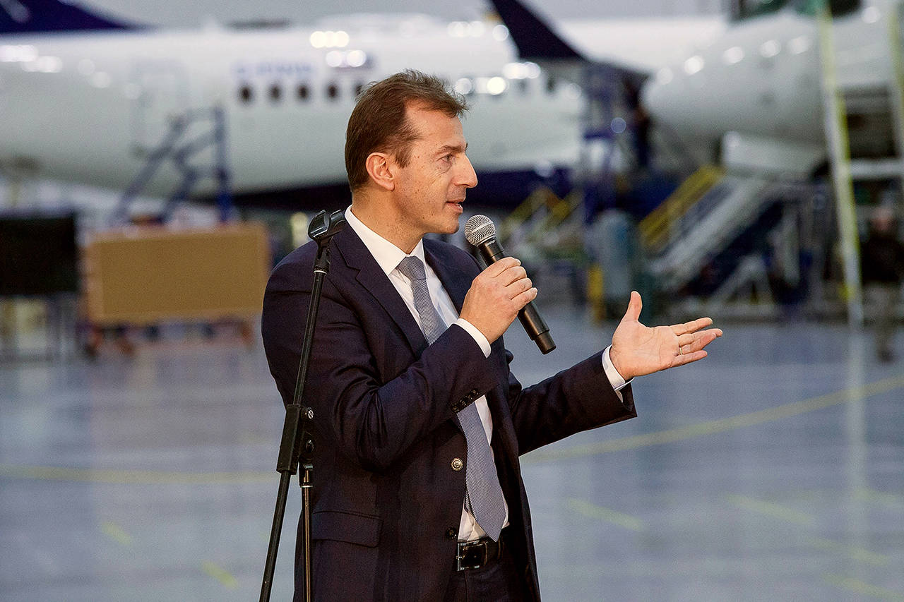 Guillaume Faury, chief executive officer of Airbus, speaks during a media event at the Airbus Canada assembly and finishing site in Mirabel, Quebec, on Feb. 20. (Valerian Mazataud/Bloomberg)
