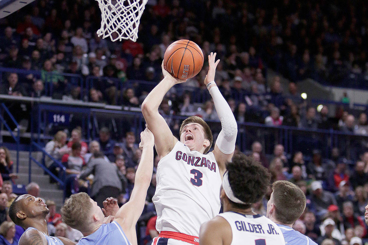 Gonzaga forward Filip Petrusev (3) has become the third Bulldog to declare for the NBA draft this year without hiring an agent. Gonzaga’s leading scorer and the West Coast Conference player of the year, Petrusev made his announcement Sunday, the deadline for players to declare. (Associated Press)
