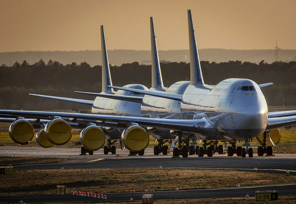 Lufthansa Airline’s Boeing 747 planes are parked at the airport in Frankfurt, Germany on April 20. (AP Photo/Michael Probst, File)
