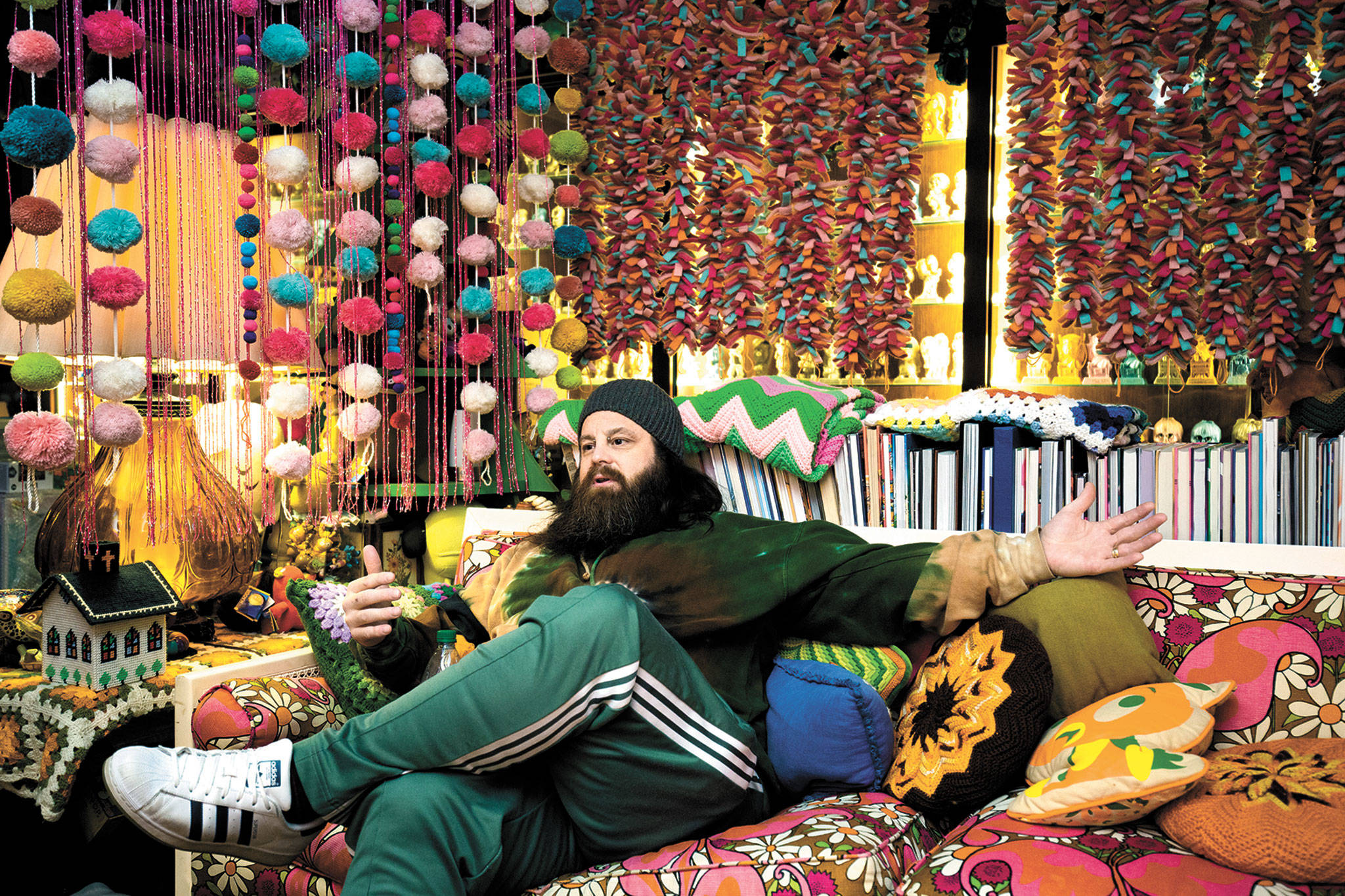 Ben Butcher, Funko’s vice president of creative, relaxes at company headquarters in Everett before the coronavirus shutdown. (Andy Bronson / The Herald)