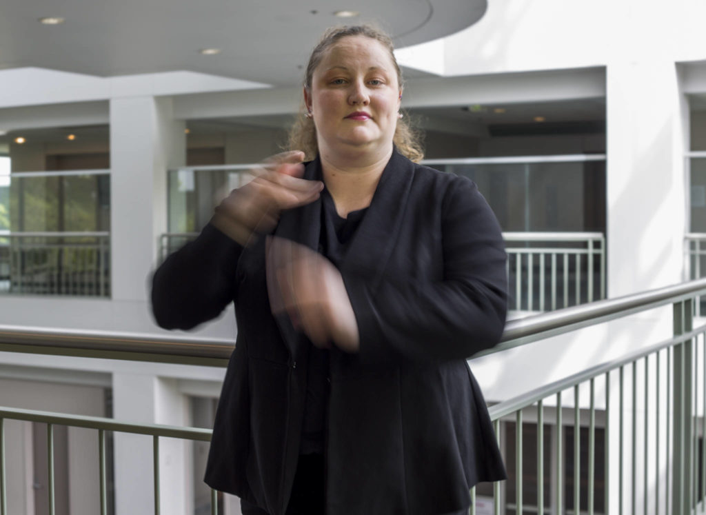 Essential worker Marissa Foley, an ASL/English interpreter. (Olivia Vanni / The Herald)
