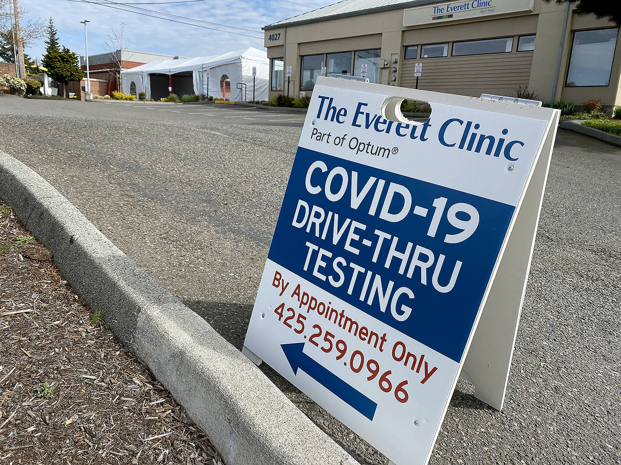 The COVID-19 test site at the Everett Clinic on Hoyt in Everett will close Friday at 5 p.m., then open back up Monday at its branch at 7600 Evergreen Way. (Sue Misao / Herald file)
