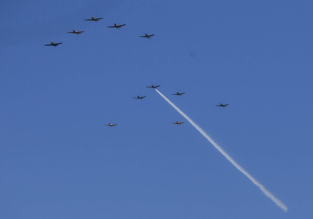 The Cascade Warbirds fly over Harborview Park for their V-E Day Remembrance Flight on Friday in Everett. (Olivia Vanni / The Herald)
