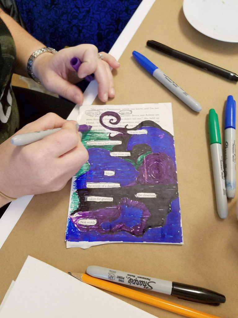Angie Louthan’s video shows teens step-by-step how to turn a book page torn out from a book into poetry art. (Schack Art Center)
