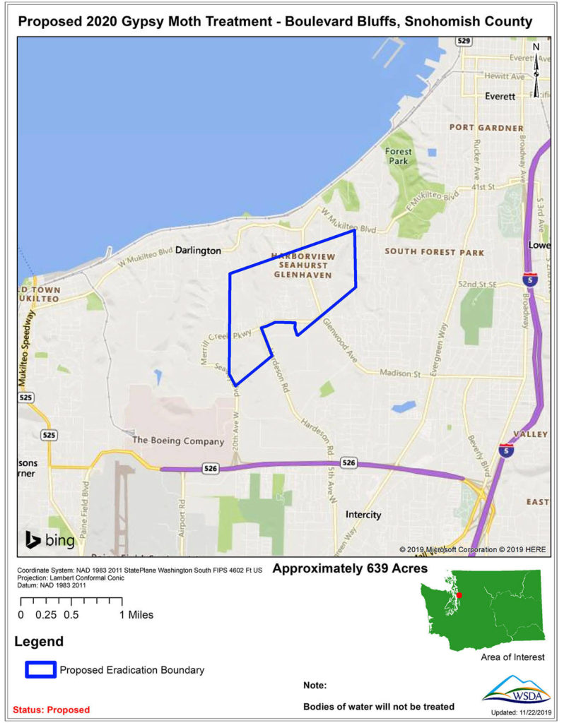 Proposed 2020 Gypsy Moth Treatment – Boulevard Bluffs, Snohomish County (Washington State Department of Agriculture)
Proposed 2020 Gypsy Moth Treatment – Boulevard Bluffs, Snohomish County (Washington State Department of Agriculture)
