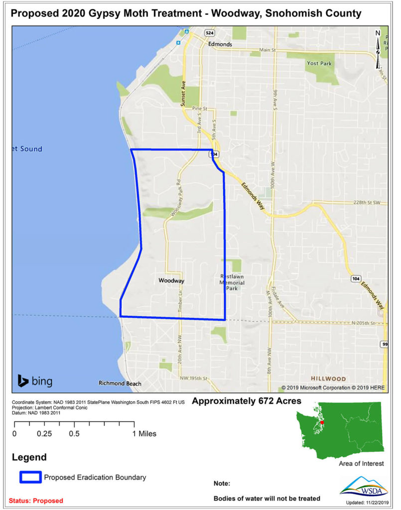 Proposed 2020 Gypsy Moth Treatment – Woodway, Snohomish County (Washington State Department of Agriculture)
Proposed 2020 Gypsy Moth Treatment – Woodway, Snohomish County (Washington State Department of Agriculture)
