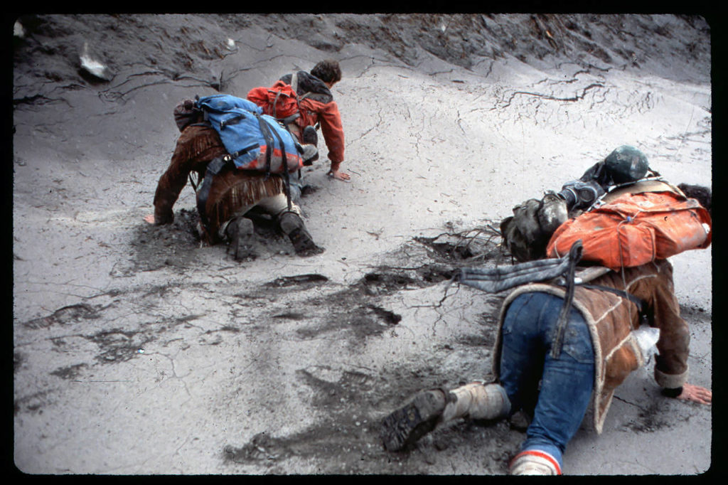 Michael Lienau and others in his film crew struggle through the ash just days after the May 18, 1980, eruption of Mount St. Helens. (Russell Johnson photo)
