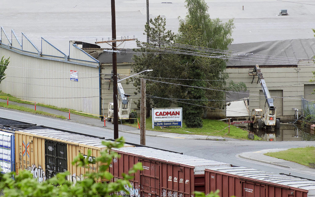 The collapsed roof of the former Nord Door building at 300 West Marine View Drive is seen from Legion Park. (Sue Misao / The Herald)
