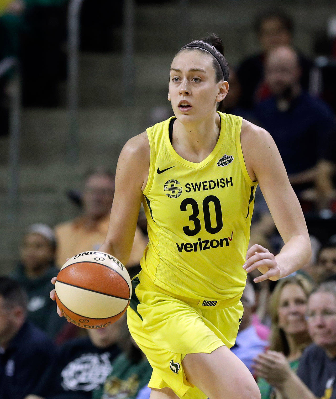 The Storm’s Breanna Stewart brings the ball up court during a game against the Liberty on Aug. 17, 2018, in Seattle. (AP Photo/Elaine Thompson)
