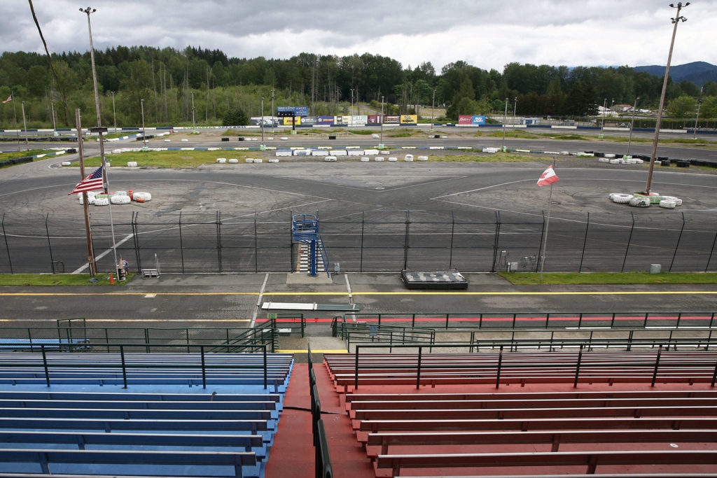 Evergreen Speedway remains closed due the stay-at-home order while NASCAR will run its first race Sunday since the pandemic began. (Kevin Clark / The Herald)
