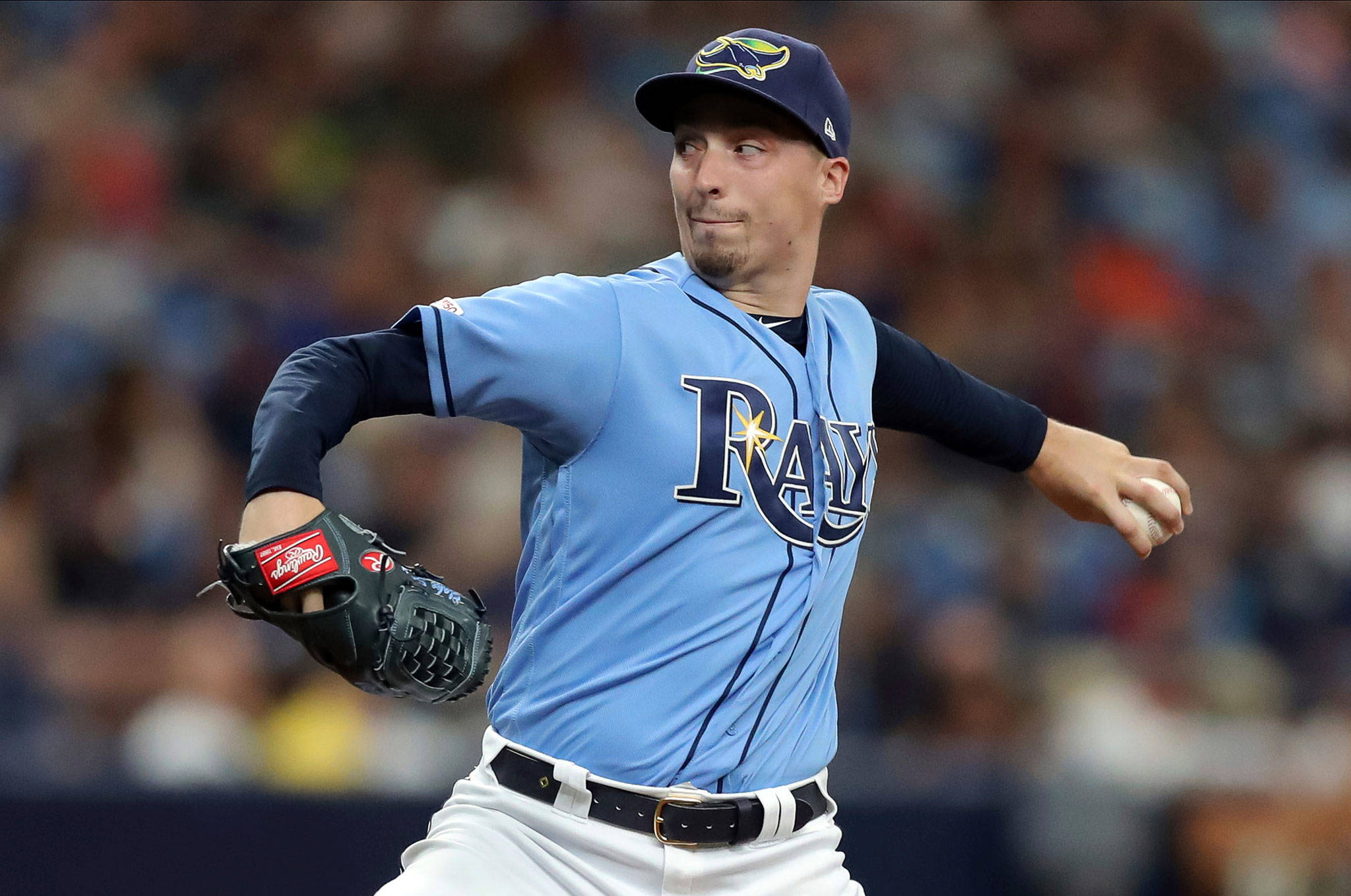 Rays starting pitcher Blake Snell, a Shorewood High School alum, throws during a game against the Rangers June 30, 2019, in St. Petersburg, Fla. (AP Photo/Mike Carlson)