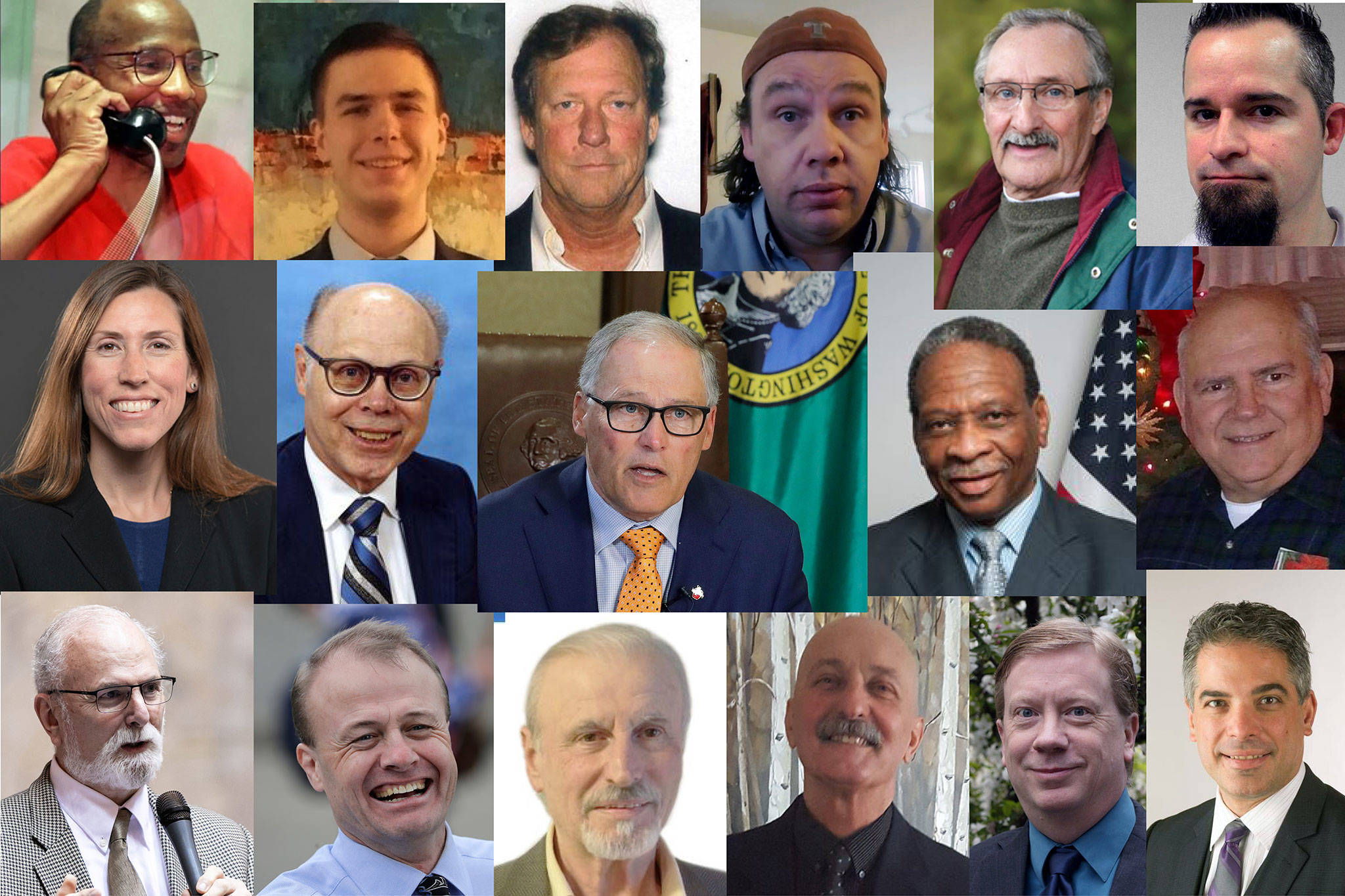 36 people have filed to run for Washington state governor. About half of them are pictured here (top row, L-R): Omari Tahir Garrett, Winston Wilkes, Thor Amundson, Cameron Vessey, Martin ‘Iceman’ Wheeler, Ryan Ryals; (middle row L-R): Liz Hallock, Goodspaceguy, Gov. Jay Inslee, Don Rivers, Gene Hart; (bottom row L-R): Phil Fortunato, Tim Eyman, Alex Tsimerman, Cairo D’Almeida, Cregan Newhouse, Raul Garcia.