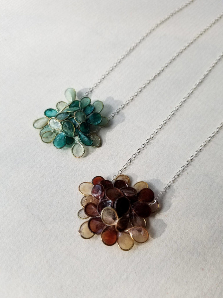 These hydrangea necklaces are one of this week’s specials rotated in for Brauner’s Lockdown Love jewelry collection. (VERSO)
