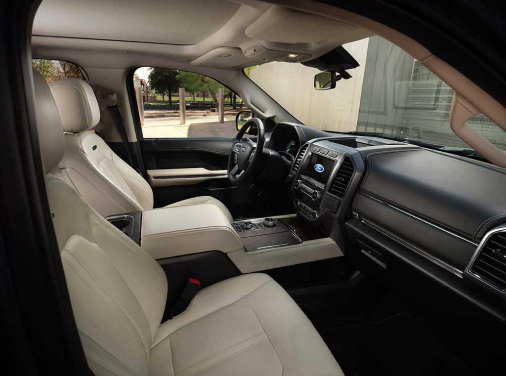 FordPass Connect, which includes a Wi-Fi hotspot for up to 10 mobile devices, is standard on every 2020 Expedition. The Platinum interior is shown here. (Manufacturer photo)
