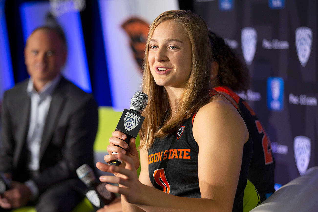 Oregon State’s Mikayla Pivec speaks to reporters during the Pac-12 Conference women’s NCAA college basketball media day last Oct. 7 in San Francisco. (AP Photo/D. Ross Cameron)