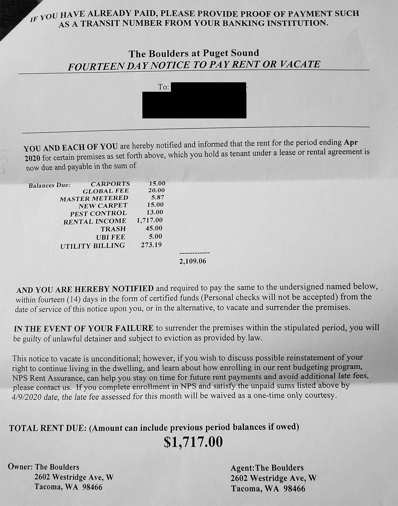 The Boulders at Puget Sound fourteen-day notice to pay rent or vacate. (Washington State Office of the Attorney General)