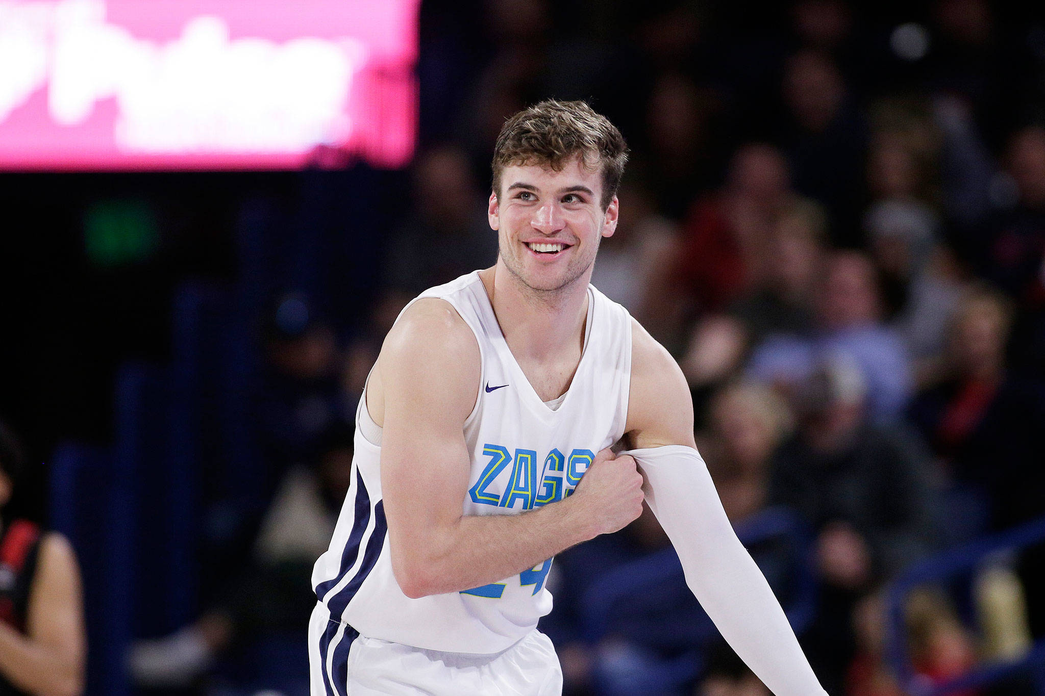 Gonzaga forward Corey Kispert, an Edmonds native, smiles during the second half of a game against Eastern Washington on Dec. 21, 2019, in Spokane. (AP Photo/Young Kwak)