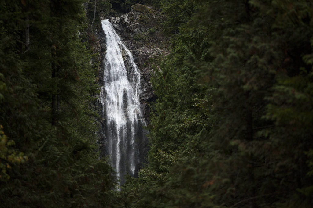 The Upper Falls is visible through trees at Wallace Falls State Park near Gold Bar. (Ian Terry / Herald file)

