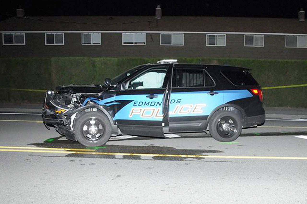 An Edmonds Police Department officer was injured Friday night after colliding with a 27-year-old man who reportedly pulled out in front of her on 212th Street Southwest. The officer was taken to Harborview Medical Center and later released. (Lynnwood Police Department)