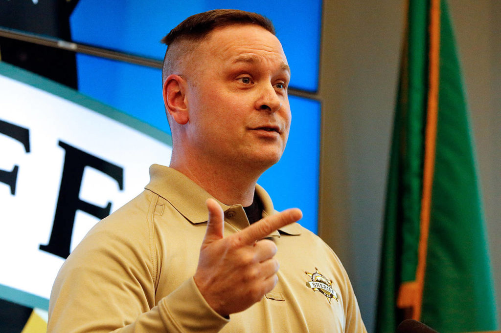 Snohomish County Sheriff Adam Fortney fields questions at the Snohomish County Courthouse in Everett on April 22. (Kevin Clark / Herald file)
