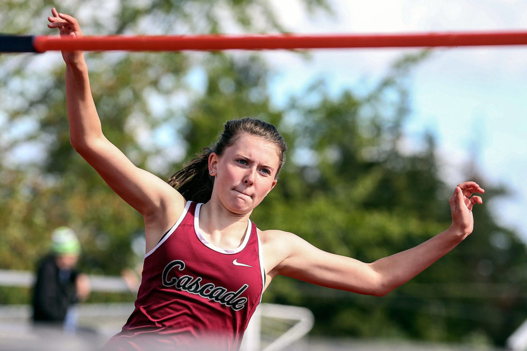 Cascade’s Katie Nelson winds up for the high jump during the 3A/4A NW District Track and Field Championships on May 17, 2019, at Shoreline Stadium. (Kevin Clark / The Herald)
