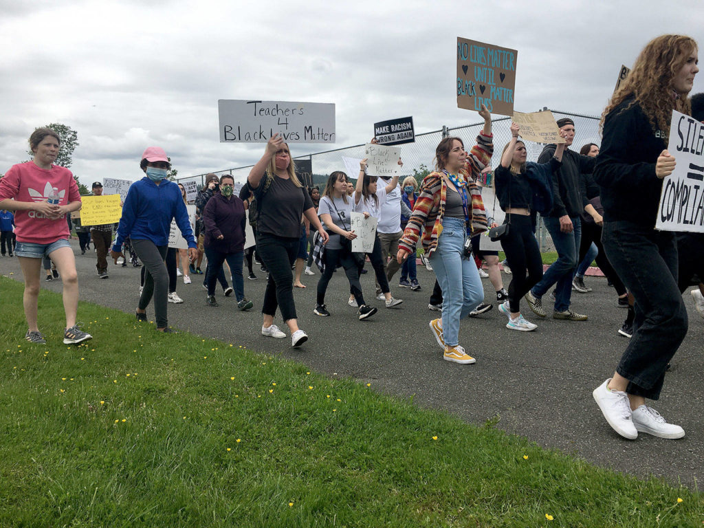 Hundreds of people turned out for the Justice March for George Floyd in Monroe on Thursday. (Kevin Clark / The Herald) 
