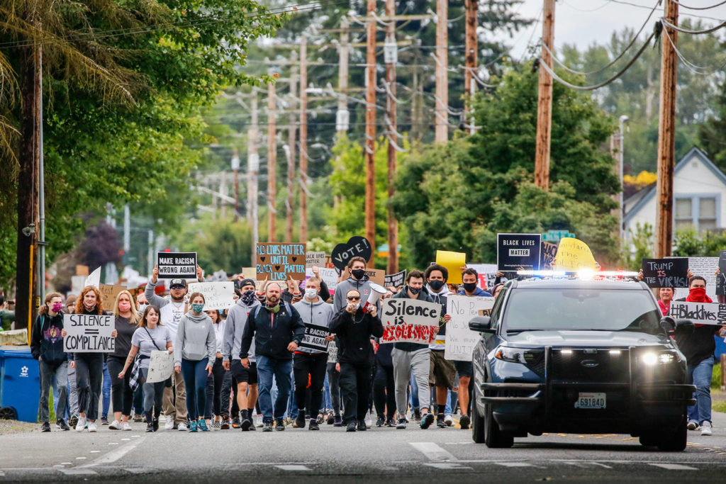 Justice March for George Floyd in Monroe on Thursday morning. (Kevin Clark / The Herald)
