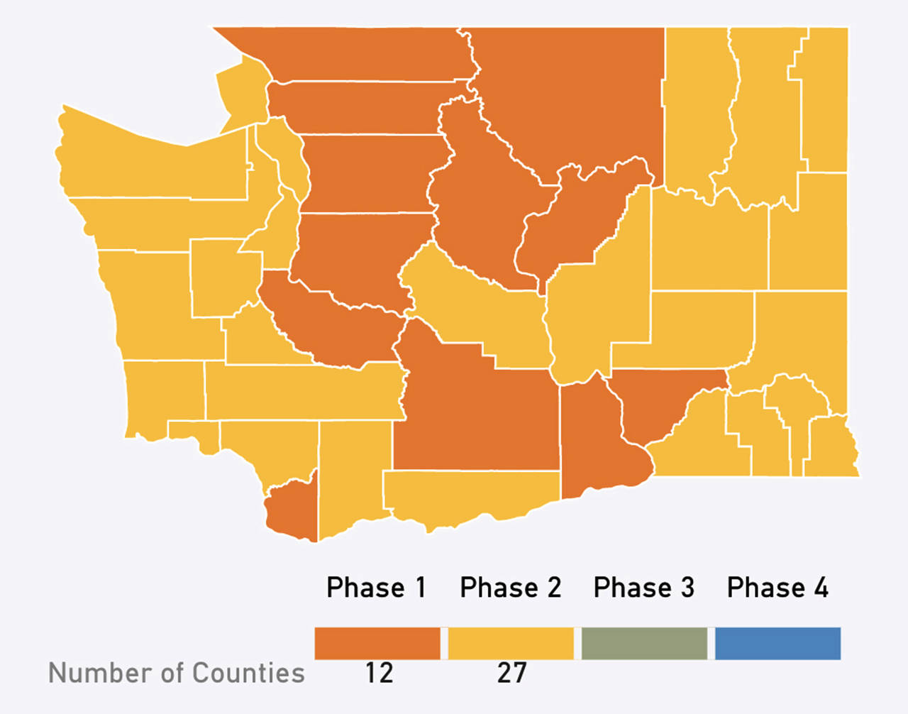 This map shows the current phases of Washington’s counties. (Washington State Department of Health)