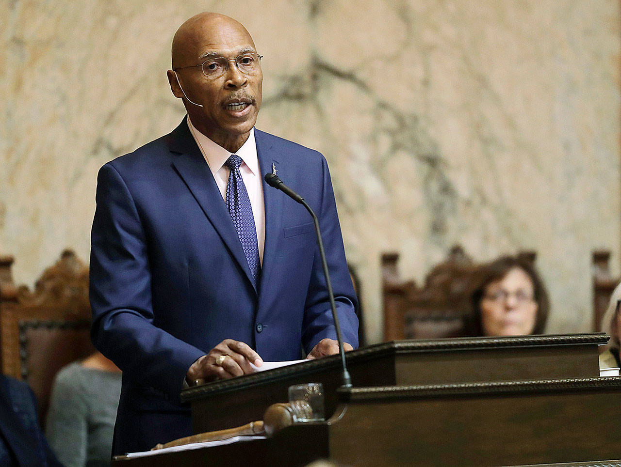 State Rep. John Lovick, D-Mill Creek, speaks in January 2019, on the opening day of the new session of the state Legislature at the Capitol in Olympia. Lovick, a former state trooper and Snohomish County sheriff said he intends to seek legislation related to use of force by police, following the in-custody death of George Floyd in Minneapolis last month. (Ted S. Warren / Associated Press file photo)