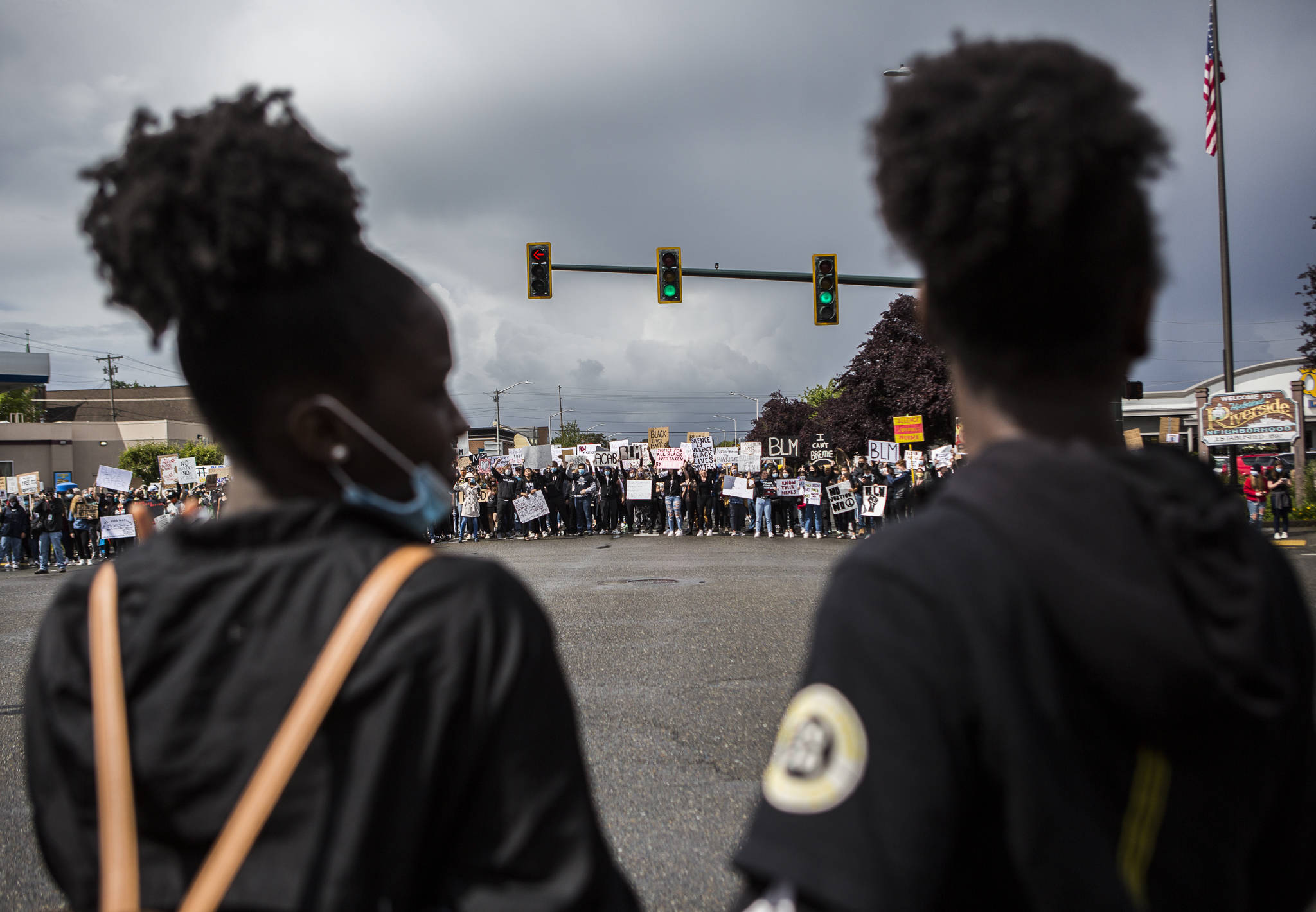 A large crowd blocks Broadway in downtown Everett during the Black Lives Matter protest on Saturday. (Olivia Vanni / The Herald)