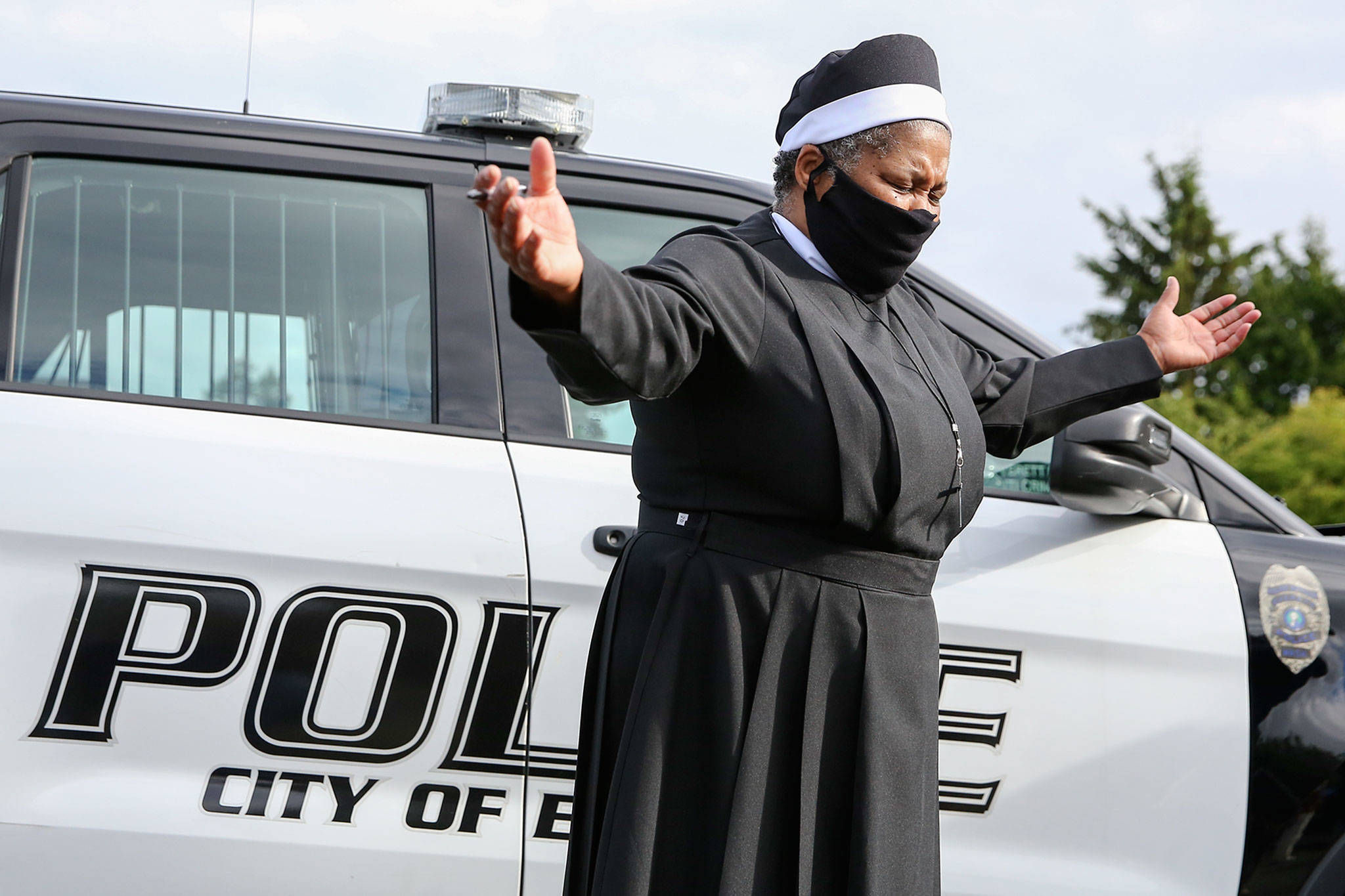 Rose Green prays during the community prayer vigil at Jubilee Church of God in Christ in Everett on Friday afternoon June 12, 2020. (Kevin Clark / The Herald)