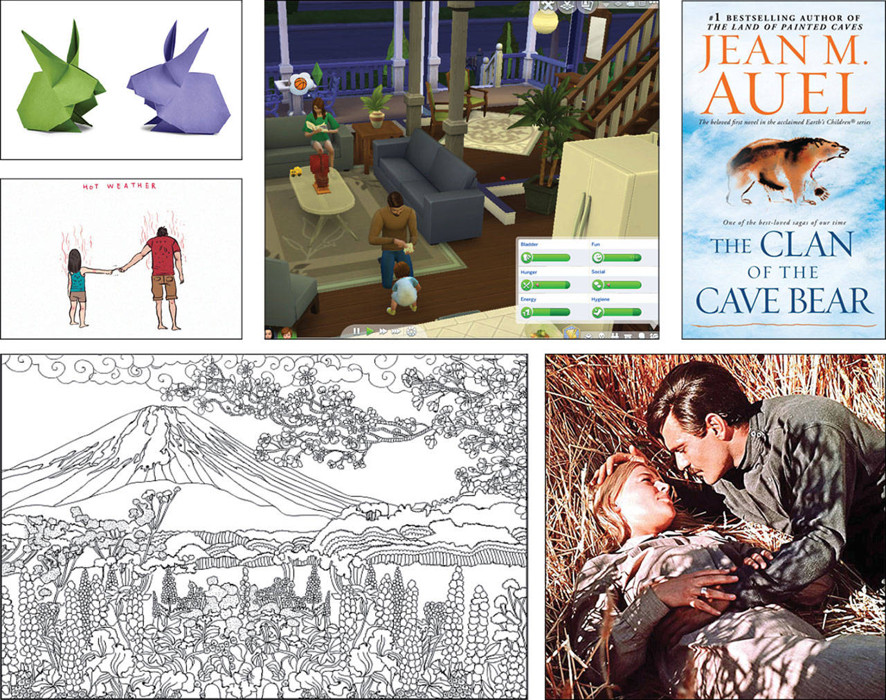 Clockwise from top left: Origami rabbits, a scene from a Sims 4 household, “Clan of the Cave Bear” by Jean M. Auel, Julie Christie and Omar Sharif in “Dr. Zhivago,” a free coloring page from Kayak.com and a panel from the “My Giant Nerd Boyfriend” webtoon.