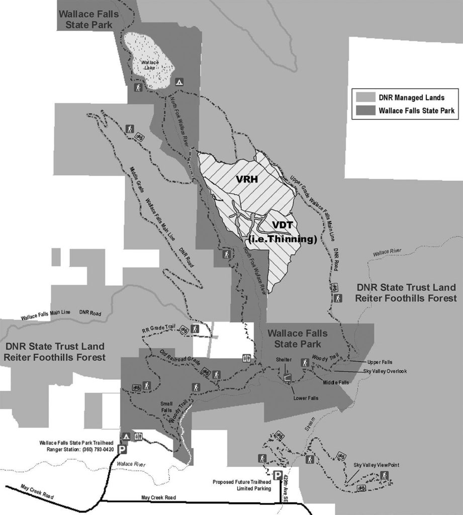 The 210-acre Brushcrasher timber harvest, which borders Wallace Falls State Park, will likely begin later this summer. The area marked VRH will be nearly clear-cut, leaving eight trees per acre. The area marked VDT will be thinned, eliminating about a third of the trees. (State Department of Natural Resources) 
