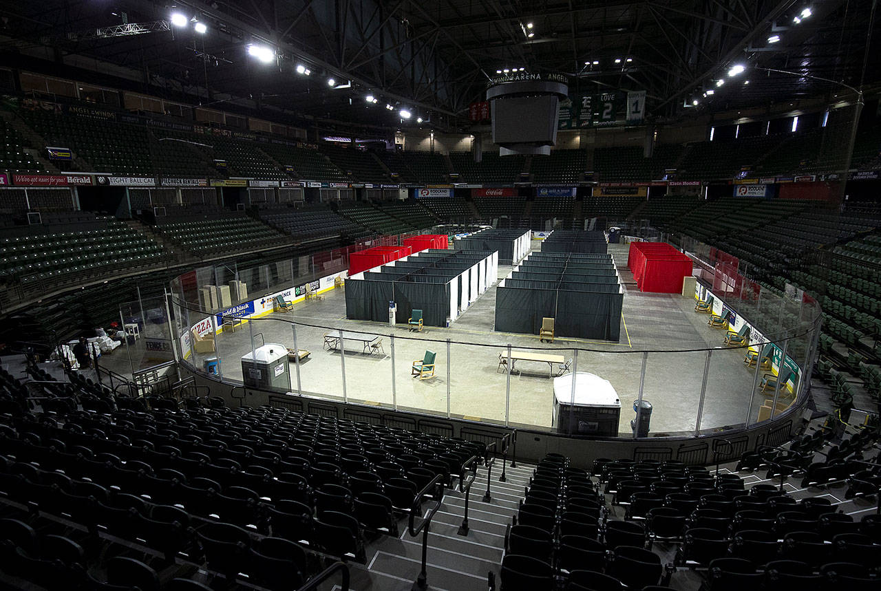 The COVID-19 isolation and quarantine site at the Angel of the Winds Arena will be moved to the Monroe fairgrounds. (Andy Bronson / Herald file)