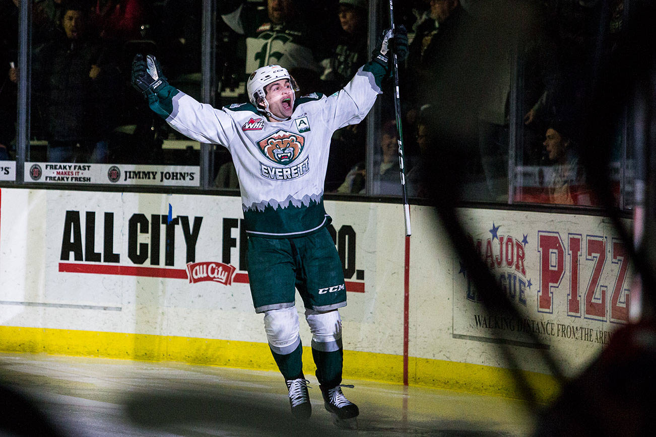 Everett Silvertips winger Cole Fonstad yells after scoring a goal against the Spokane Chiefs on Jan. 26 at Angel of the Winds Arena. (Olivia Vanni / The Herald)