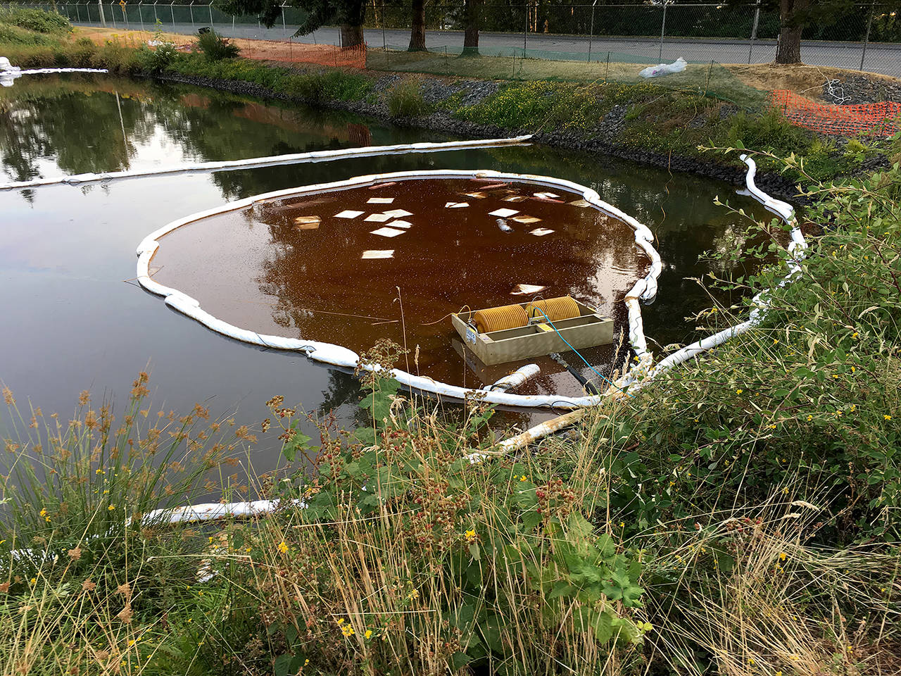 Absorbents were placed to contain oil in the stormwater pond outside Achilles USA in July 2018. (Washington State Department of Ecology)