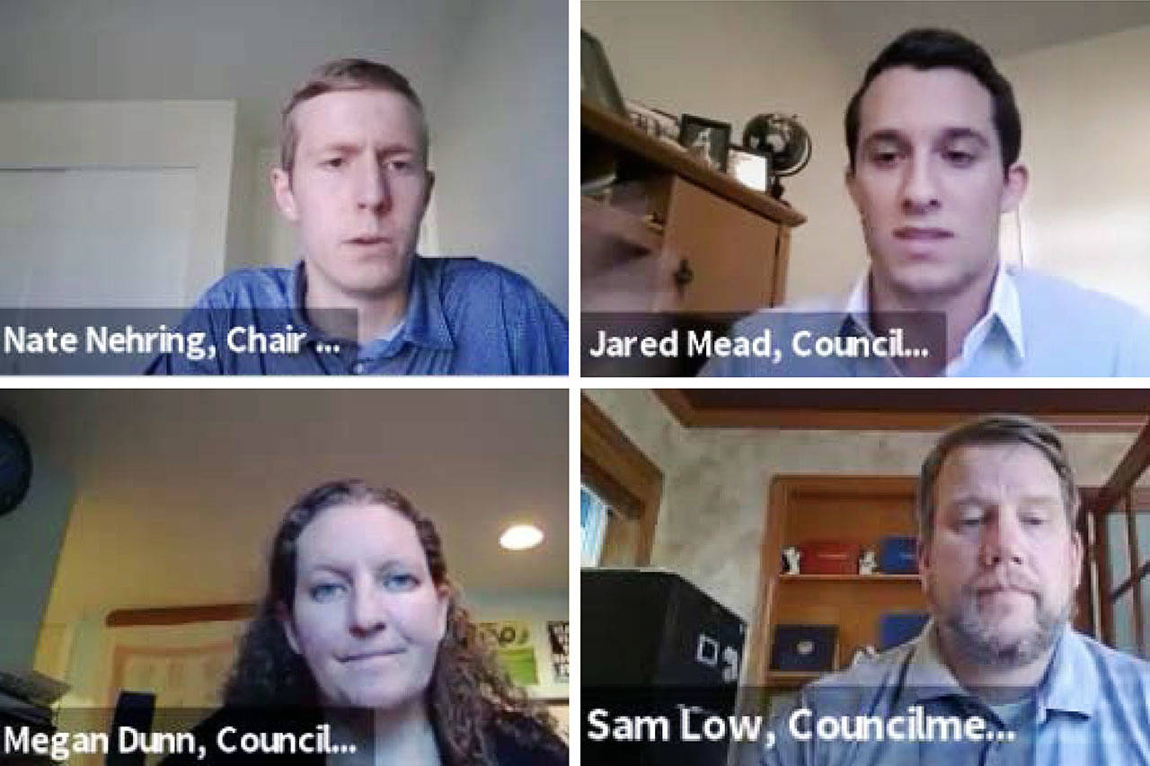 Nate Nehring, Jared Mead, Megan Dunn and Sam Low were joined by other Snohomish County Council members and staff during Monday’s town hall on race and criminal justice.