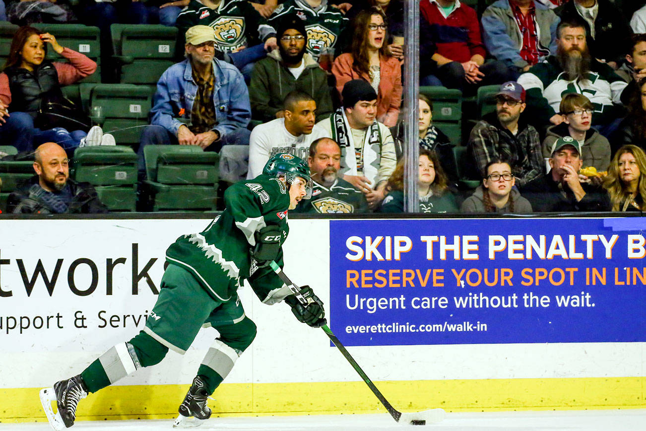 Everett Silvertips defenseman Olen Zellweger controls the puck before a backdrop of fans during a game against the Saskatoon Blades last November at Angel of the Winds Arena. Readers weighed in on whether they’d be comfortable attending a Silvertips game with Angel of the Winds at 50% capacity amidst the coronavirus pandemic. (Kevin Clark / The Herald)