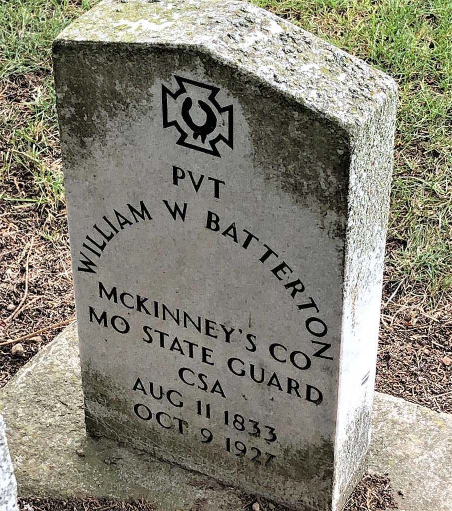 A grave marker at the GAR Cemetery in Snohomish for William W. Batterton, who fought for the Confederacy during the Civil War. It includes CSA, which stands for the Confederate States of America, and the Southern Cross of Honor symbol. It is one of several Confederate grave markers at the cemetery. (GAR Cemetery)
