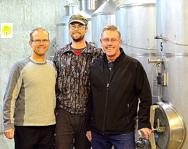 Roland Kruger, left, head winemaker Nikolas Kruger, and retired winemaker Hagen Kruger continue to win accolades for their work at Wild Goose Vineyards in Okanagan Falls, British Columbia. (Photo by Abra Bennett/Great Northwest Wine)