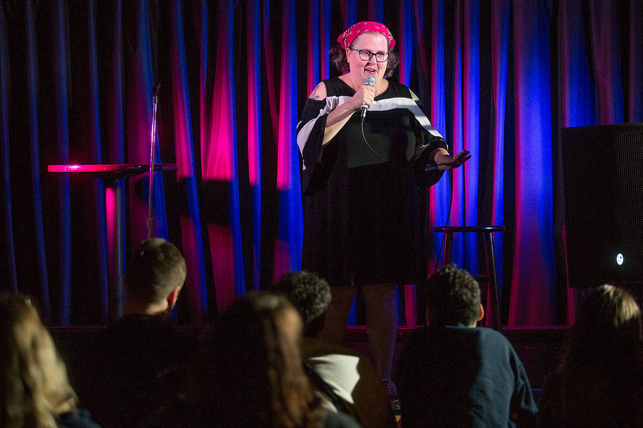 Kate Carlson Carlsen co-hosts and does her stand-up routine at the Comedy Garage, a weekly comedy showcase and open mic at Tony Vs Garage, on Monday, May 13, 2019 in Everett, Wash. (Andy Bronson / The Herald)