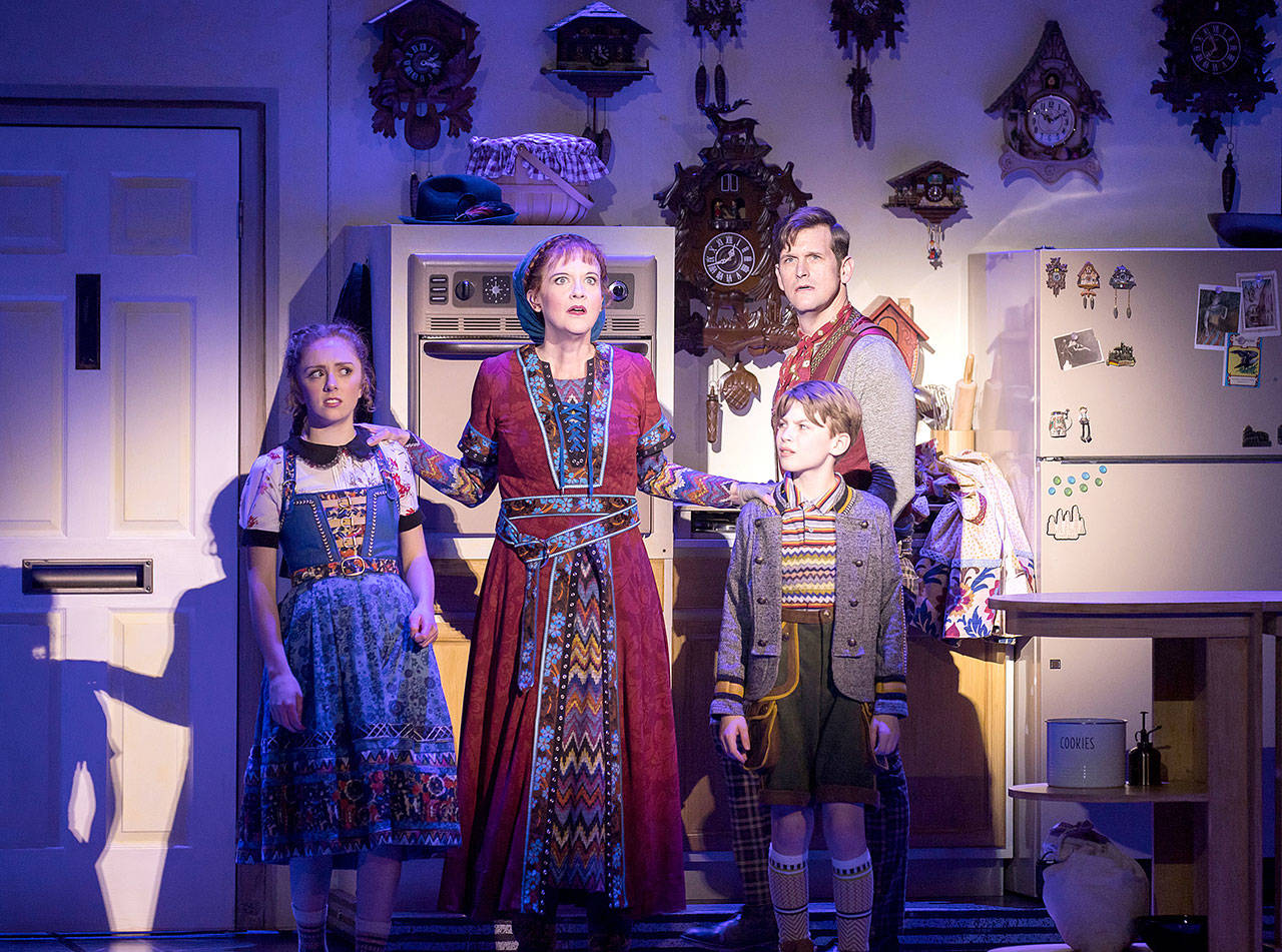 Isabella Corsaro (Heidi), Kate Jaeger (Gretl), Jonas Winburn (Günter) and Kevin Vortmann (Hansel) star in Village Theatre’s production of “Hansel Gretl Heidi Günter.” The show was canceled because of COVID-19. (Mark Kitaoka / Village Theatre)