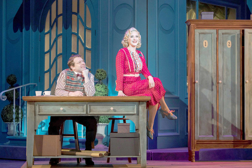 Mark Emerson (Ladislav Sipos) and Taryn Darr (Ilona Ritter) in Village Theatre’s production of “She Loves Me,” which was canceled due to the pandemic. (Tracy Martin / Village Theatre)
