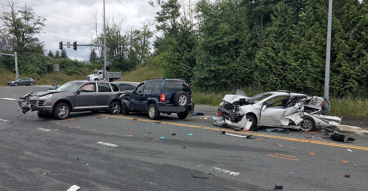 A man is suspected of driving under the influence when he was involved in a four-car collision in Marysville that sent a woman to the hospital with life-threatening injuries. (Marysville Police Department)