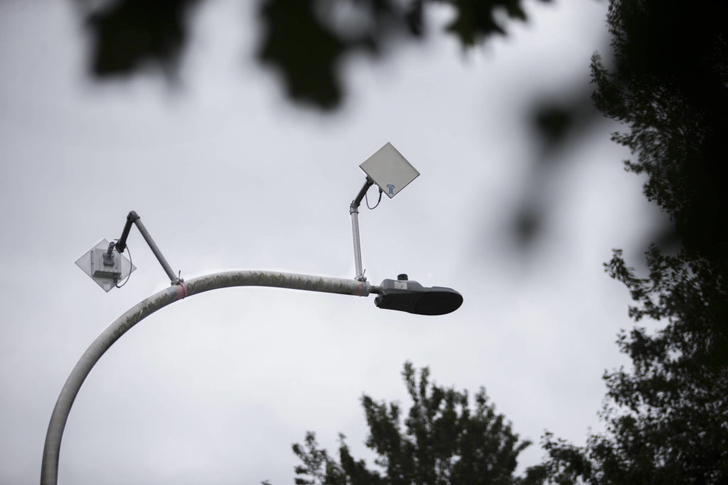 Wireless transmitters that send traffic data to the city’s traffic management center can be seen on the corner of Hardeson Road and 75th Street SW on Thursday in Everett. (Olivia Vanni / The Herald)
