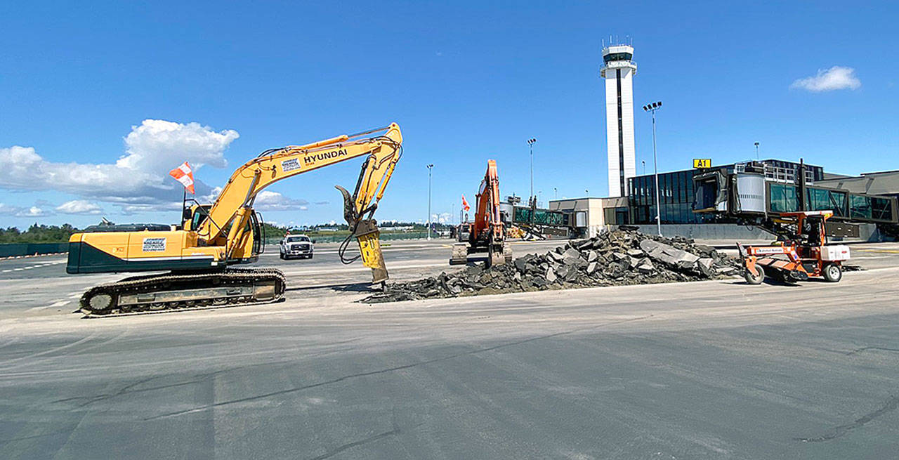 Resurfacing work begins at the Paine Field passenger terminal last month. (Propeller Airports)