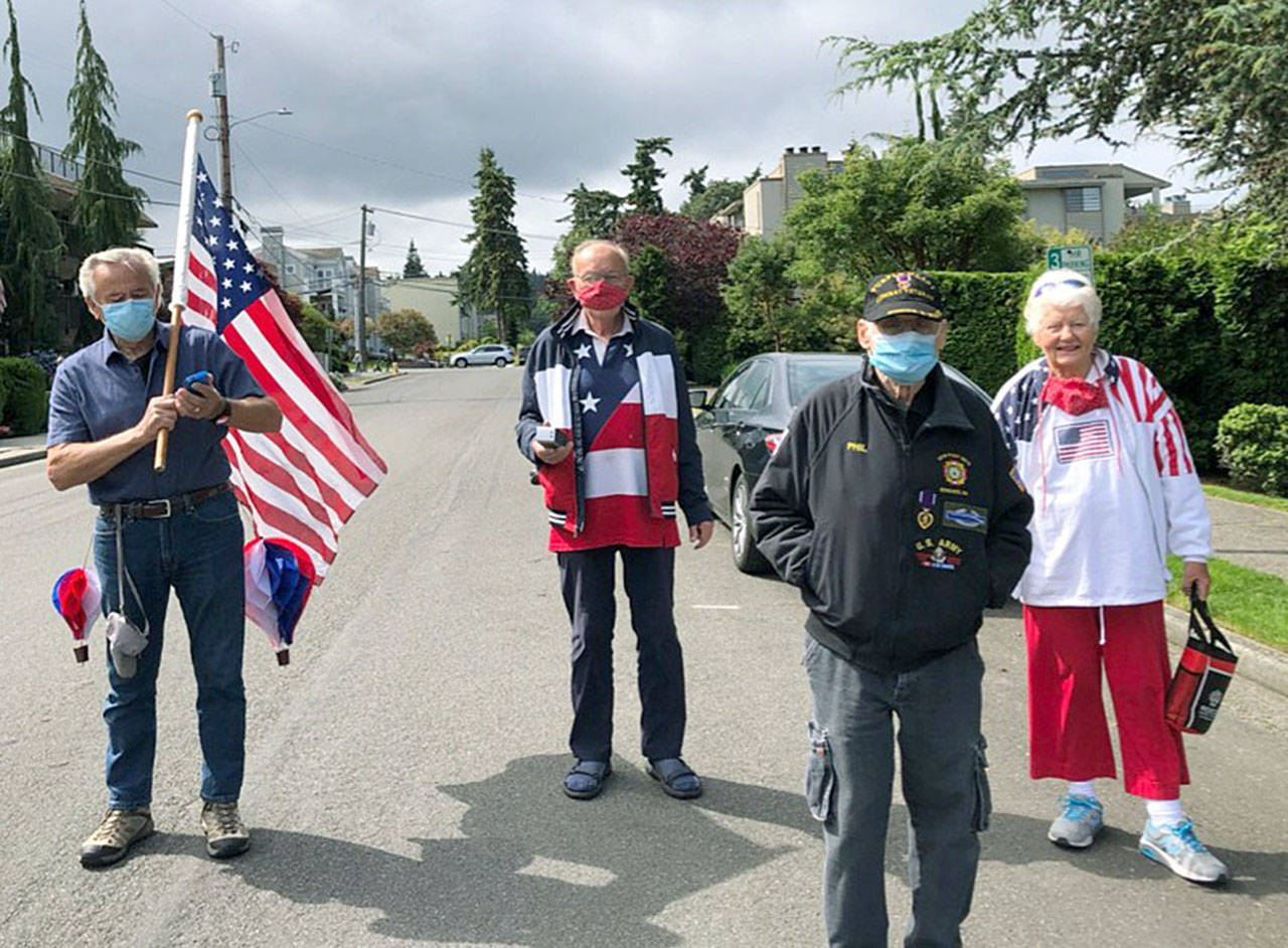 Edmonds Fourth of July neighborhood parade of four, from left, Art Jones, Roger Lageschulte, Phil Sacks and Lee Lageschulte. (Eunice Jones)